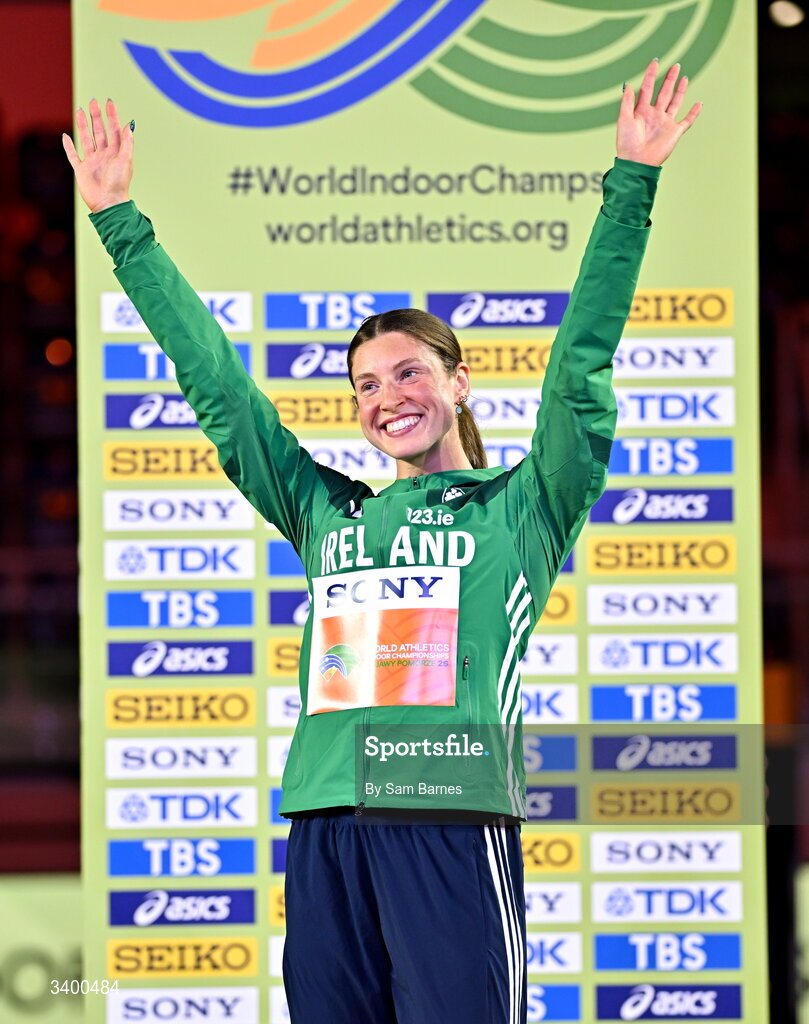 22 March 2026; Kate O'Connor of Ireland celebrates winning bronze in the Women's Pentathlon during day three of the World Athletics Indoor Championships at Kujawsko-Pomorska Arena in Torun, Poland. Photo by Sam Barnes/Sportsfile