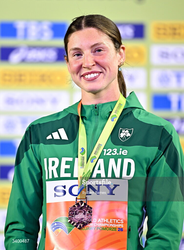 22 March 2026; Kate O'Connor of Ireland celebrates with her bronze from the Women's Pentathlon during day three of the World Athletics Indoor Championships at Kujawsko-Pomorska Arena in Torun, Poland. Photo by Sam Barnes/Sportsfile