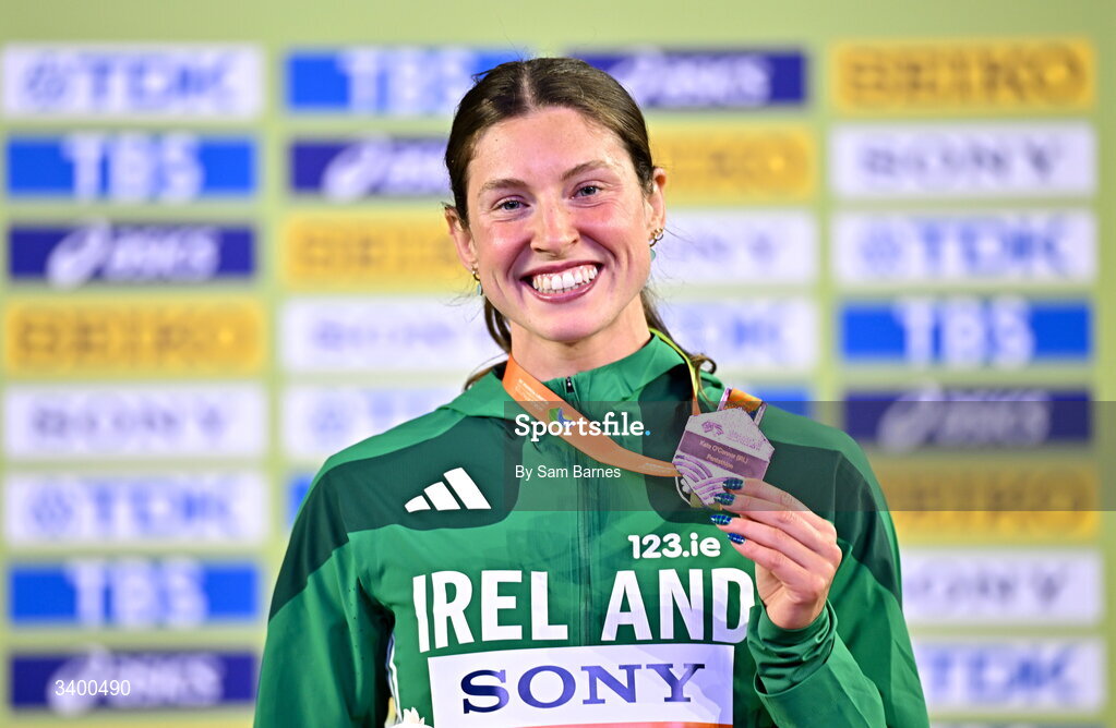 22 March 2026; Kate O'Connor of Ireland celebrates with her bronze from the Women's Pentathlon during day three of the World Athletics Indoor Championships at Kujawsko-Pomorska Arena in Torun, Poland. Photo by Sam Barnes/Sportsfile