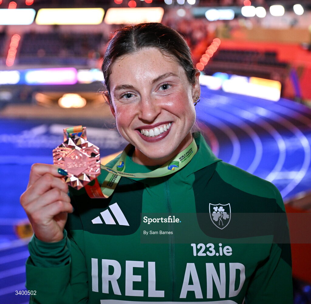 22 March 2026; Women's Pentathlon bronze medallist Kate O'Connor of Ireland after day three of the World Athletics Indoor Championships at Kujawsko-Pomorska Arena in Torun, Poland. Photo by Sam Barnes/Sportsfile