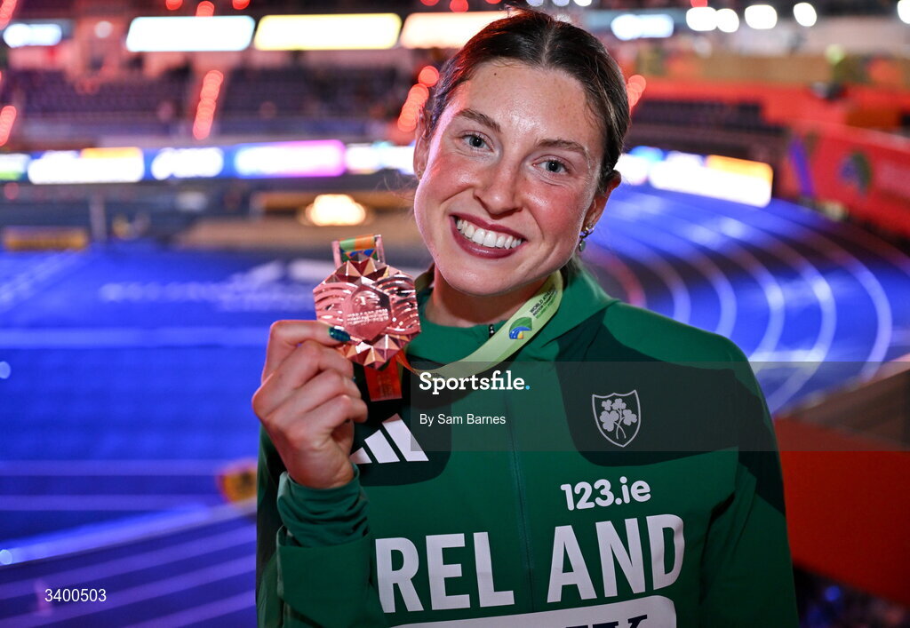 22 March 2026; Women's Pentathlon bronze medallist Kate O'Connor of Ireland after day three of the World Athletics Indoor Championships at Kujawsko-Pomorska Arena in Torun, Poland. Photo by Sam Barnes/Sportsfile