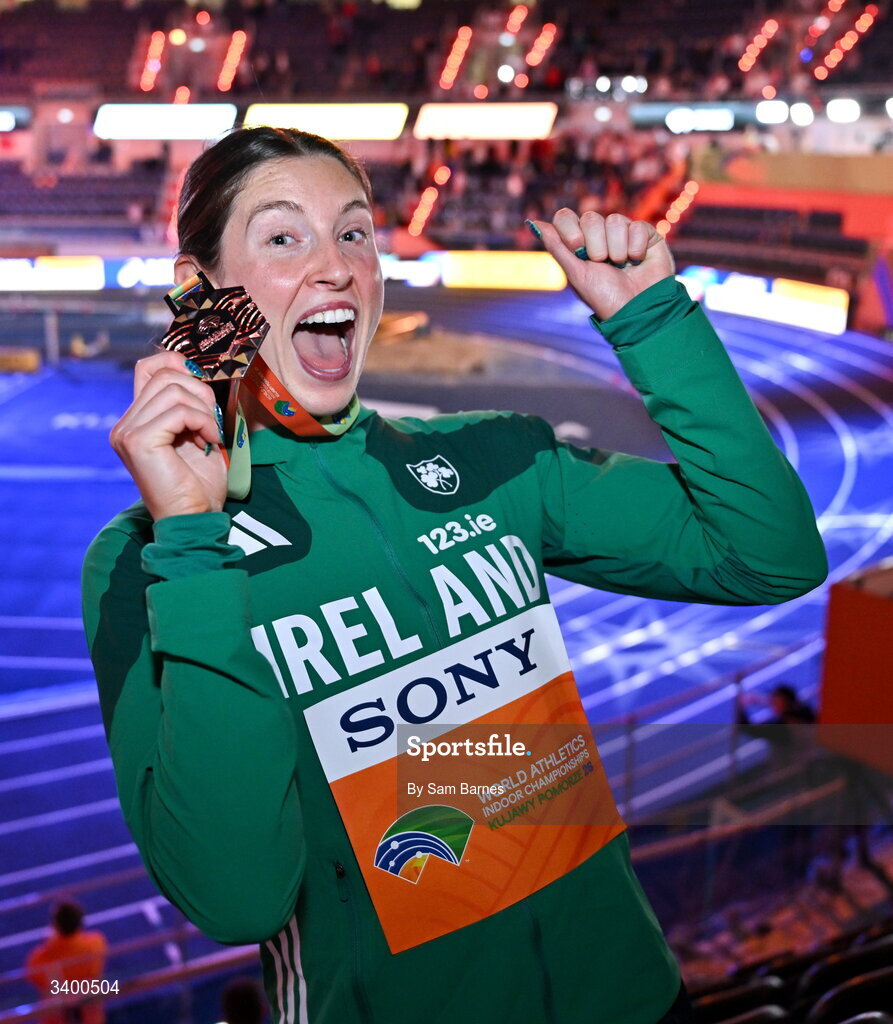 22 March 2026; Women's Pentathlon bronze medallist Kate O'Connor of Ireland after day three of the World Athletics Indoor Championships at Kujawsko-Pomorska Arena in Torun, Poland. Photo by Sam Barnes/Sportsfile