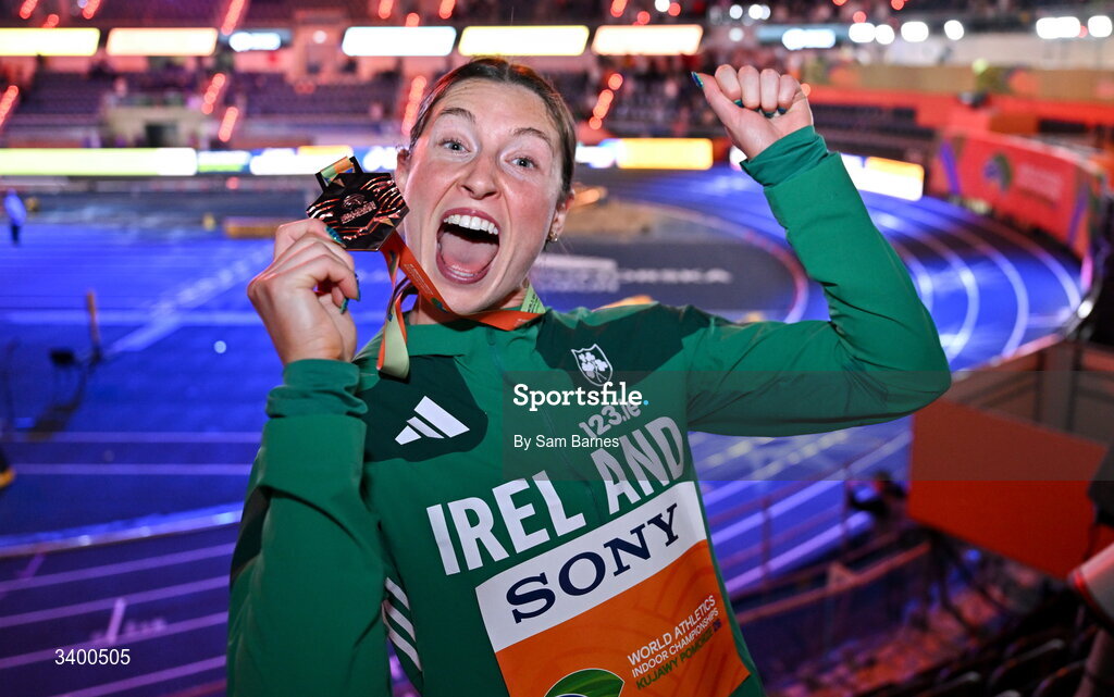 22 March 2026; Women's Pentathlon bronze medallist Kate O'Connor of Ireland after day three of the World Athletics Indoor Championships at Kujawsko-Pomorska Arena in Torun, Poland. Photo by Sam Barnes/Sportsfile