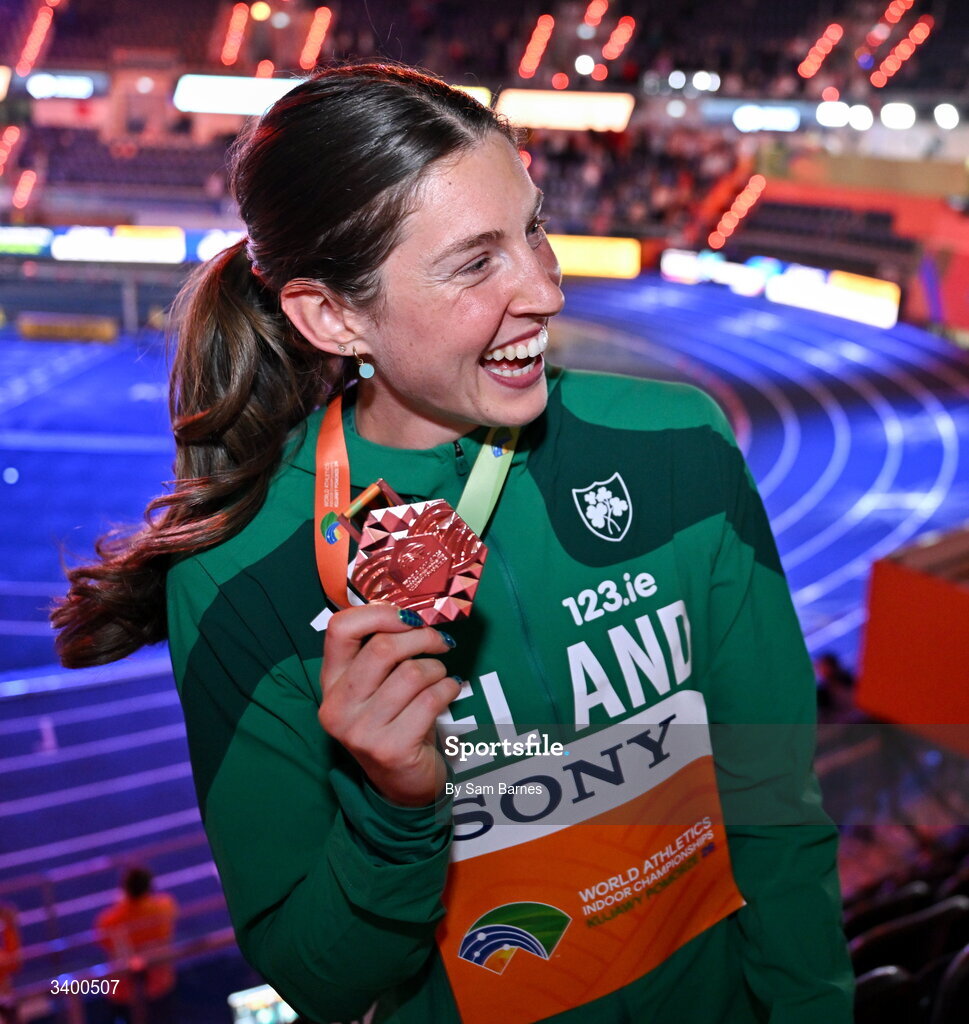22 March 2026; Women's Pentathlon bronze medallist Kate O'Connor of Ireland after day three of the World Athletics Indoor Championships at Kujawsko-Pomorska Arena in Torun, Poland. Photo by Sam Barnes/Sportsfile