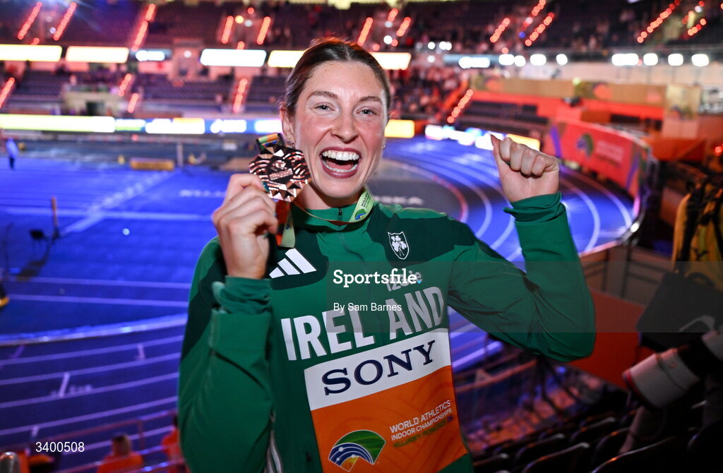 22 March 2026; Women's Pentathlon bronze medallist Kate O'Connor of Ireland after day three of the World Athletics Indoor Championships at Kujawsko-Pomorska Arena in Torun, Poland. Photo by Sam Barnes/Sportsfile