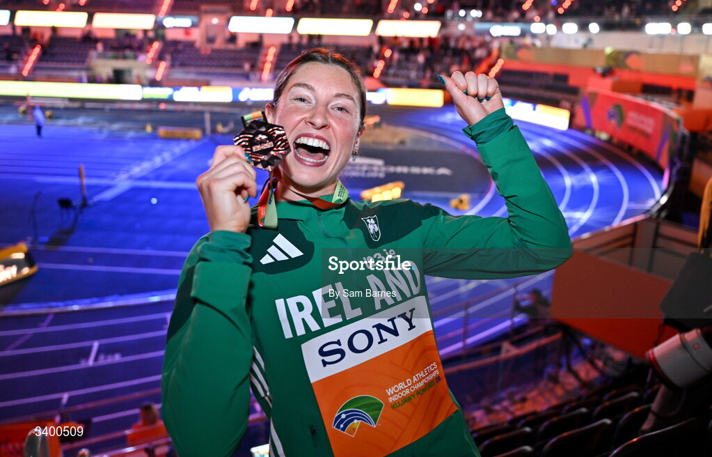 22 March 2026; Women's Pentathlon bronze medallist Kate O'Connor of Ireland after day three of the World Athletics Indoor Championships at Kujawsko-Pomorska Arena in Torun, Poland. Photo by Sam Barnes/Sportsfile