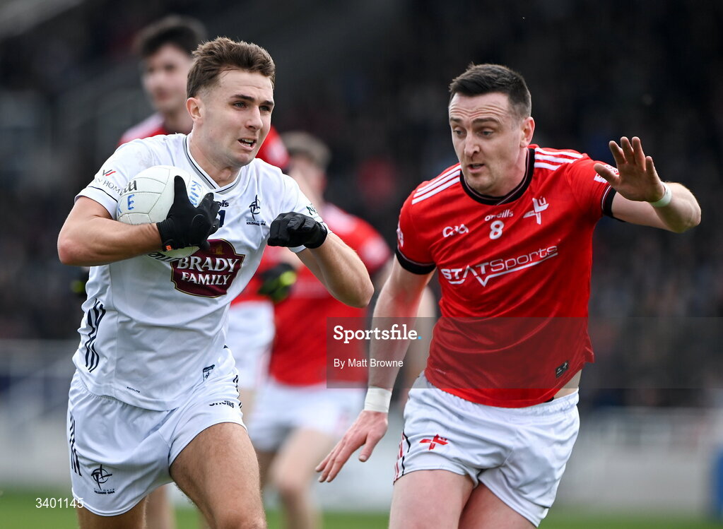 22 March 2026; Tommy Gill of Kildare in action against Tommy Durnin of Louth during the Allianz Football League Division 2 match between Kildare and Louth at Cedral St Conleth's Park in Newbridge, Kildare. Photo by Matt Browne/Sportsfile