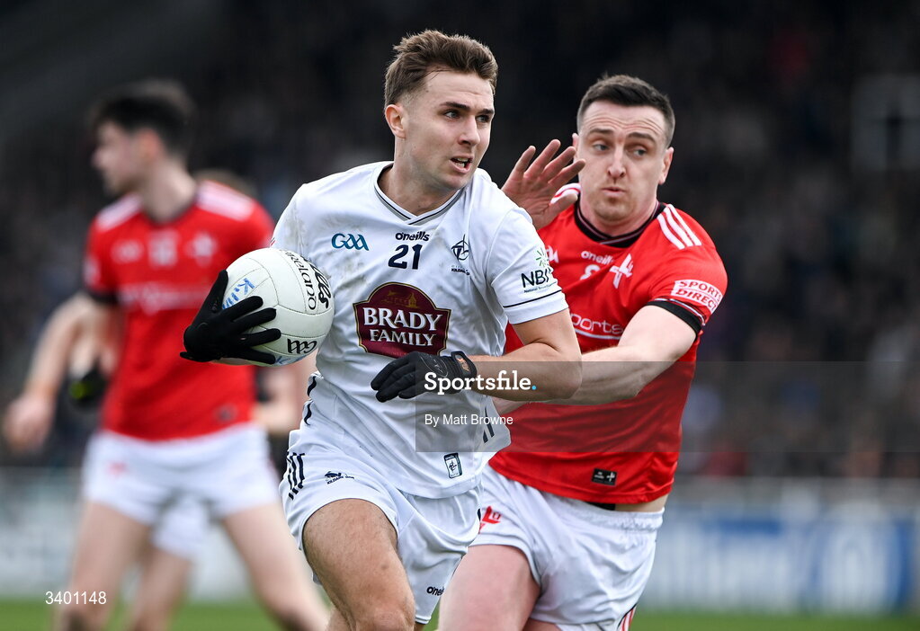 22 March 2026; Tommy Gill of Kildare in action against Tommy Durnin of Louth during the Allianz Football League Division 2 match between Kildare and Louth at Cedral St Conleth's Park in Newbridge, Kildare. Photo by Matt Browne/Sportsfile