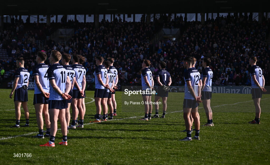 22 March 2026; Dublin players stand for Amhrán na bhFiann before the Allianz Football League Division 1 match between Galway and Dublin at Pearse Stadium in Galway. Photo by Piaras Ó Mídheach/Sportsfile