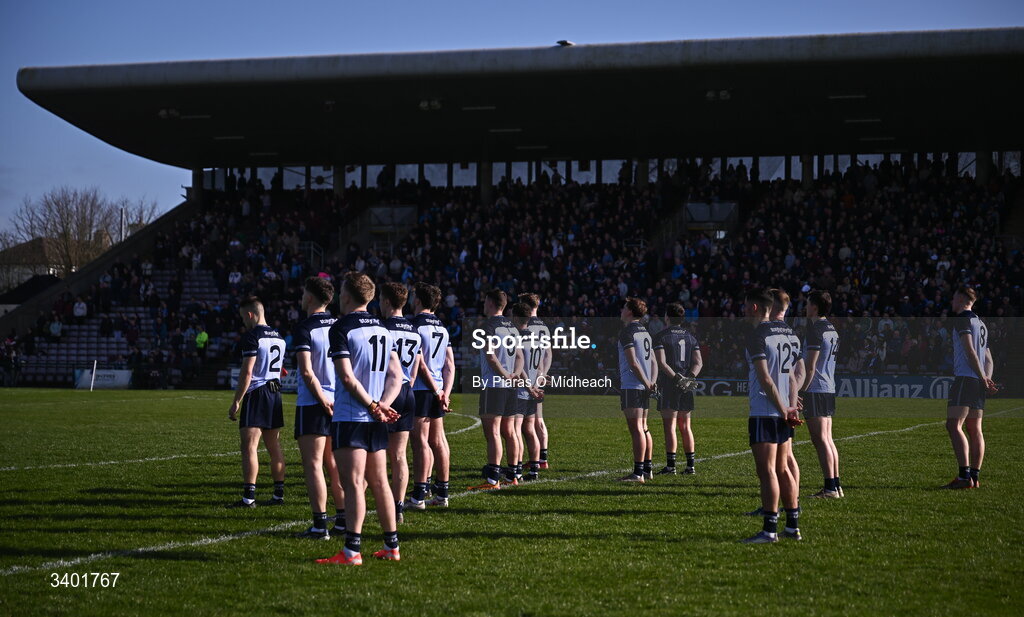 22 March 2026; Dublin players stand for Amhrán na bhFiann before the Allianz Football League Division 1 match between Galway and Dublin at Pearse Stadium in Galway. Photo by Piaras Ó Mídheach/Sportsfile