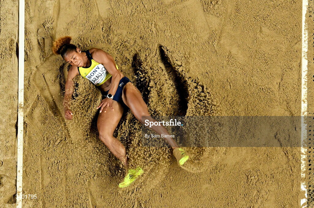 22 March 2026; Martha Araujo of Colombia competes in the long jump of the pentathlon during day three of the World Athletics Indoor Championships at Kujawsko-Pomorska Arena in Torun, Poland. Photo by Sam Barnes/Sportsfile