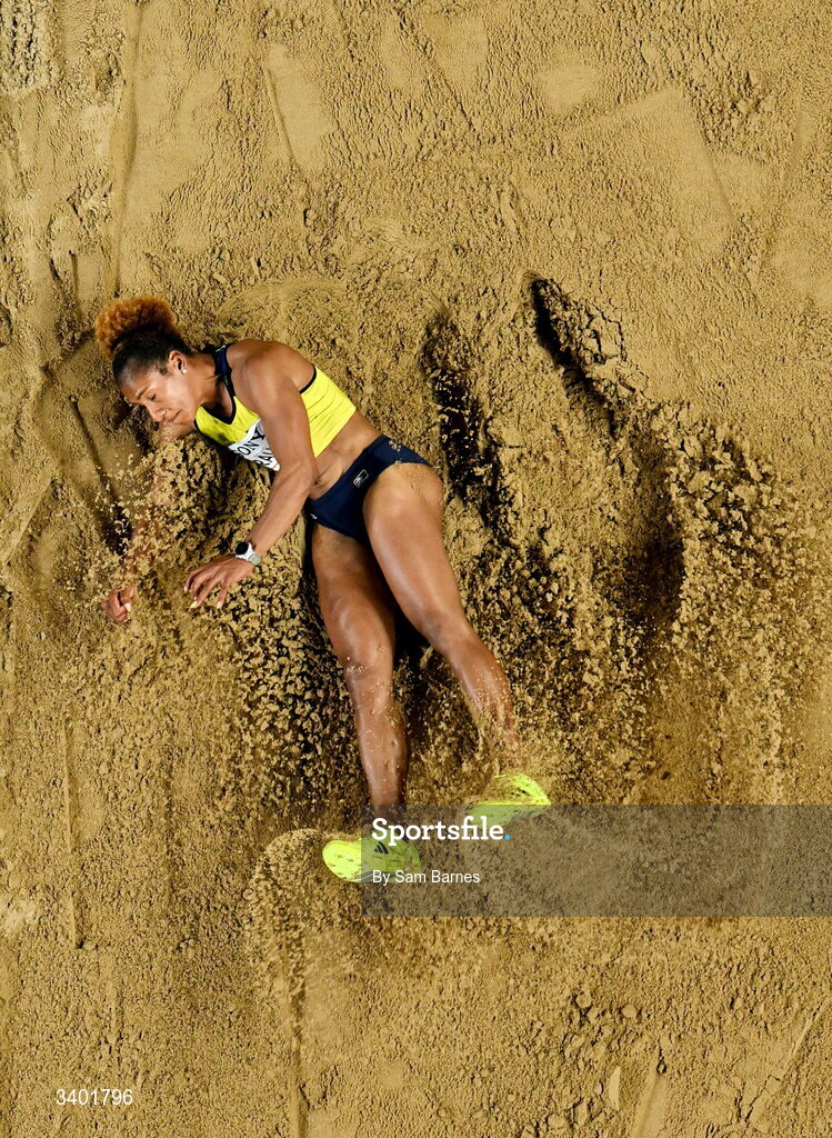 22 March 2026; Martha Araujo of Colombia competes in the long jump of the pentathlon during day three of the World Athletics Indoor Championships at Kujawsko-Pomorska Arena in Torun, Poland. Photo by Sam Barnes/Sportsfile