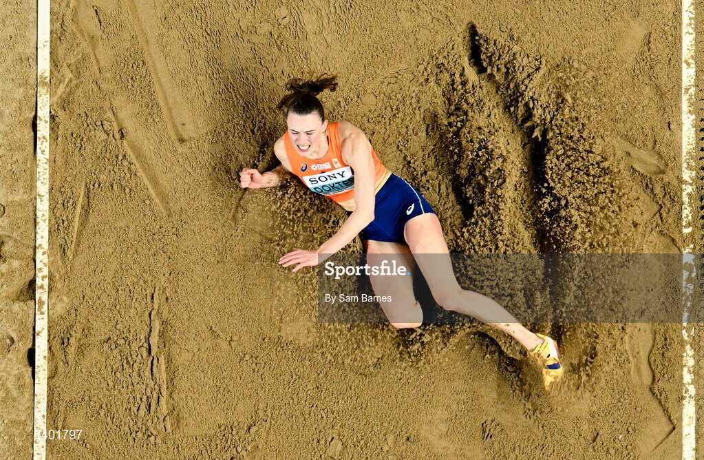 22 March 2026; Sofie Dokter of Netherlands competes in the long jump of the pentathlon during day three of the World Athletics Indoor Championships at Kujawsko-Pomorska Arena in Torun, Poland. Photo by Sam Barnes/Sportsfile