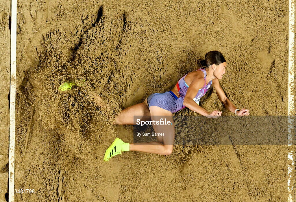 22 March 2026; Anna Hall of United States competes in the long jump of the pentathlon during day three of the World Athletics Indoor Championships at Kujawsko-Pomorska Arena in Torun, Poland. Photo by Sam Barnes/Sportsfile