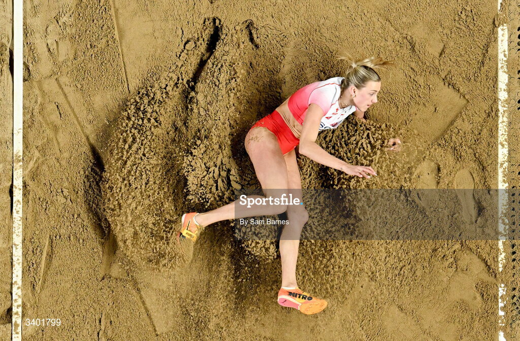 22 March 2026; Paulina Ligarska of Poland competes in the long jump of the pentathlon during day three of the World Athletics Indoor Championships at Kujawsko-Pomorska Arena in Torun, Poland. Photo by Sam Barnes/Sportsfile