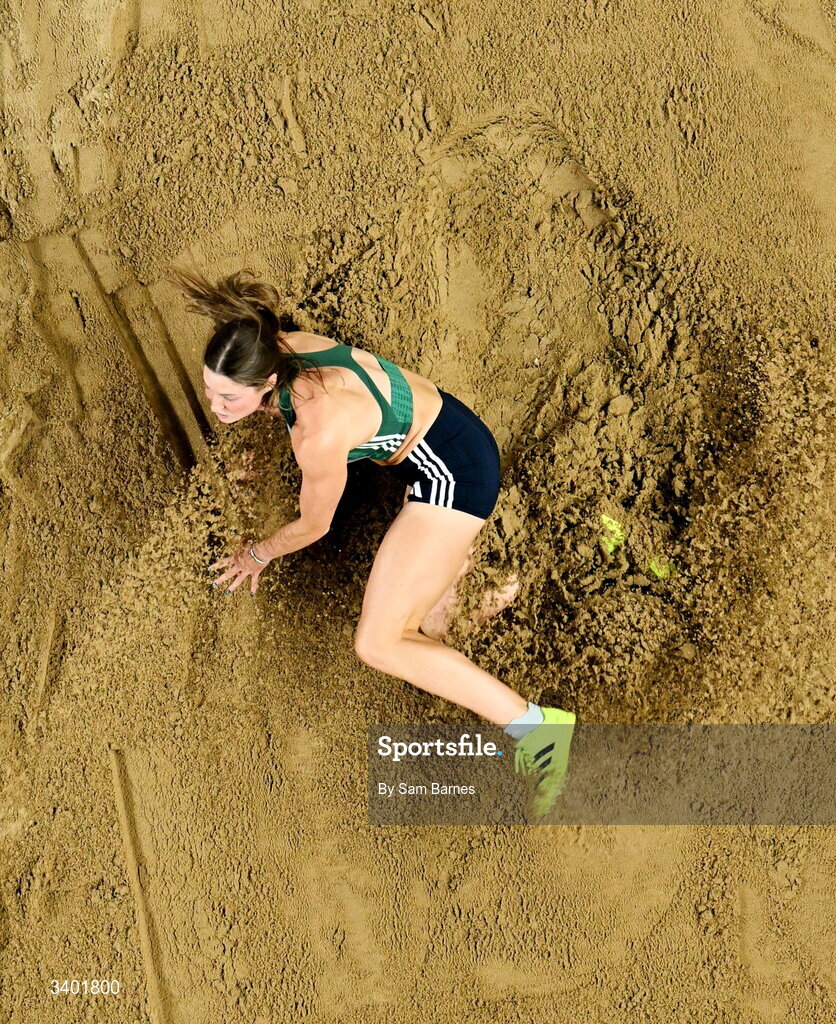 22 March 2026; Kate O'Connor of Ireland competes in the long jump of the pentathlon during day three of the World Athletics Indoor Championships at Kujawsko-Pomorska Arena in Torun, Poland. Photo by Sam Barnes/Sportsfile