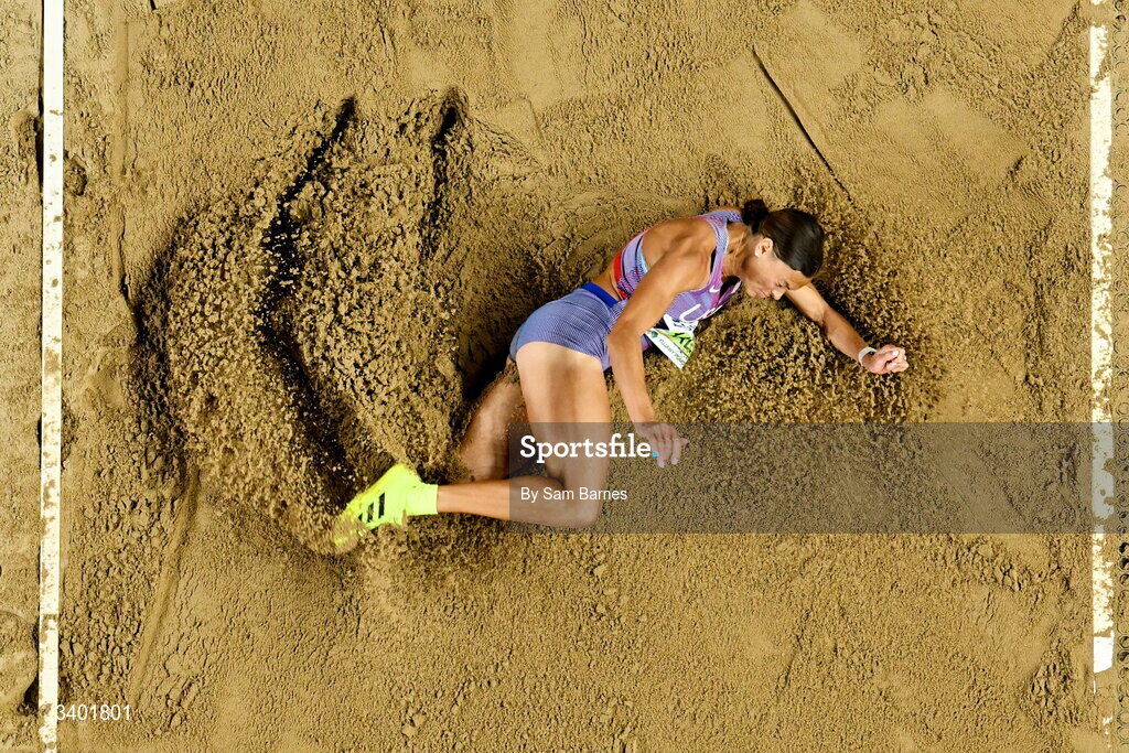 22 March 2026; Anna Hall of United States competes in the long jump of the pentathlon during day three of the World Athletics Indoor Championships at Kujawsko-Pomorska Arena in Torun, Poland. Photo by Sam Barnes/Sportsfile