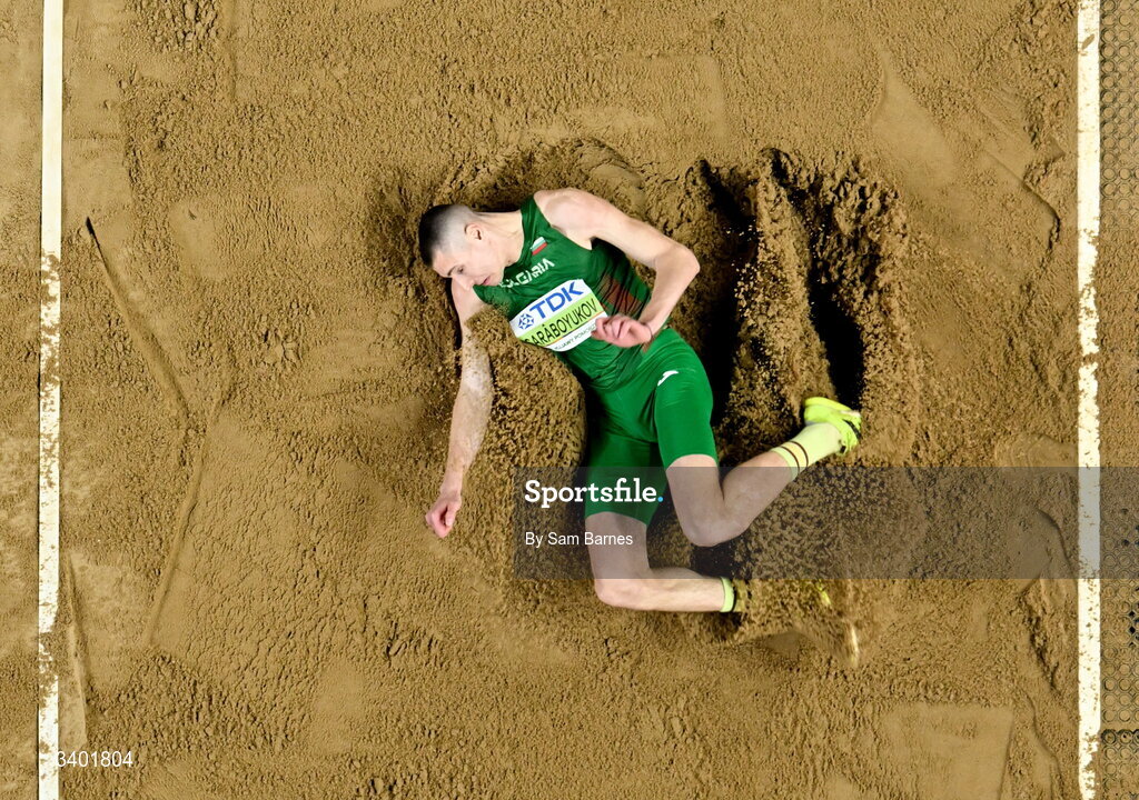 22 March 2026; Bozhidar Sarâboyukov of Bulgaria   competes in the men's long jump final during day three of the World Athletics Indoor Championships at Kujawsko-Pomorska Arena in Torun, Poland. Photo by Sam Barnes/Sportsfile