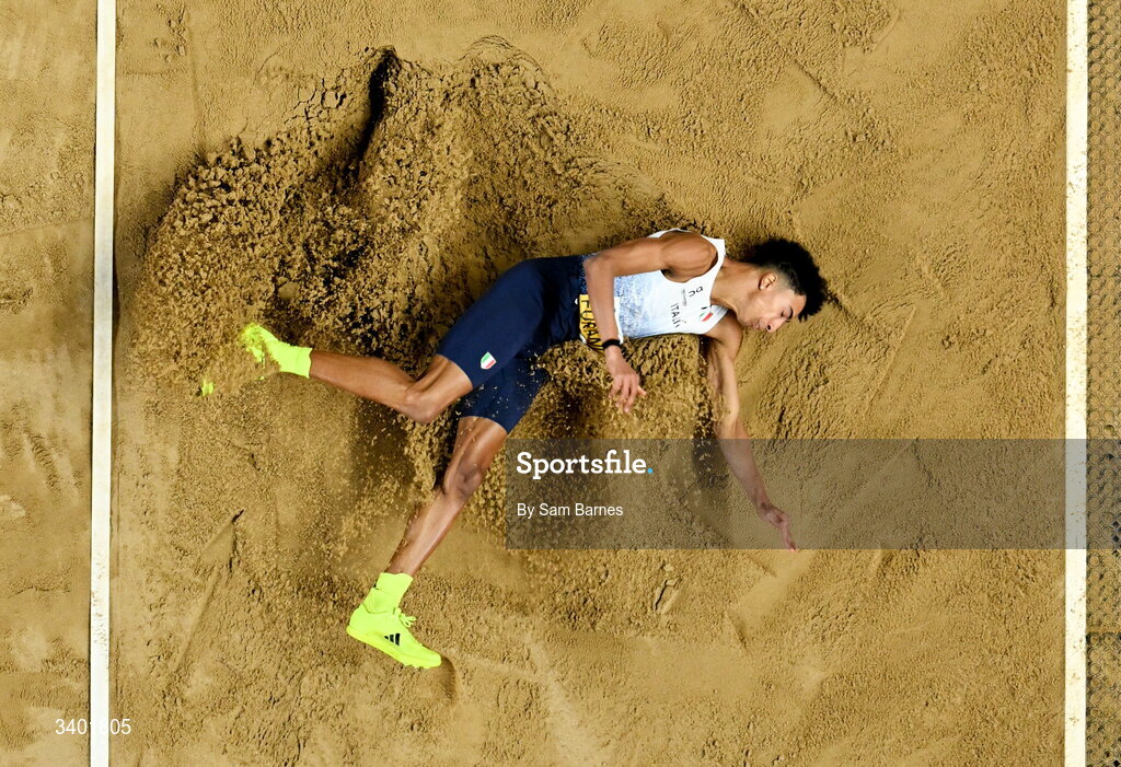 22 March 2026; Mattia Furlani of Italy competes in the men's long jump final during day three of the World Athletics Indoor Championships at Kujawsko-Pomorska Arena in Torun, Poland. Photo by Sam Barnes/Sportsfile