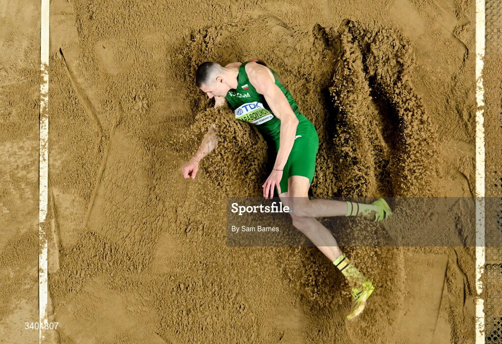 22 March 2026; Bozhidar Sarâboyukov of Bulgaria competes in the men's long jump final during day three of the World Athletics Indoor Championships at Kujawsko-Pomorska Arena in Torun, Poland. Photo by Sam Barnes/Sportsfile