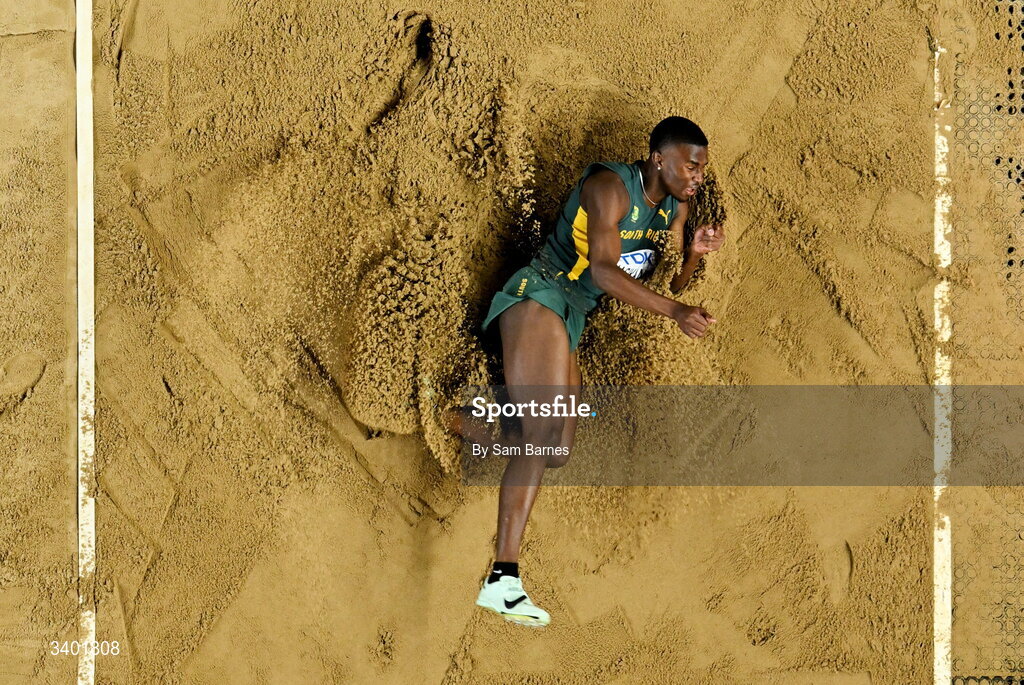 22 March 2026; Luvo Manyonga of South Africa competes in the men's long jump final during day three of the World Athletics Indoor Championships at Kujawsko-Pomorska Arena in Torun, Poland. Photo by Sam Barnes/Sportsfile