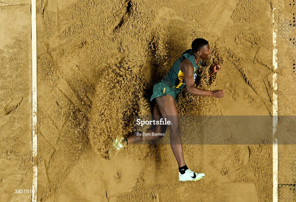 22 March 2026; Luvo Manyonga   of South Africa competes in the men's long jump final during day three of the World Athletics Indoor Championships at Kujawsko-Pomorska Arena in Torun, Poland. Photo by Sam Barnes/Sportsfile