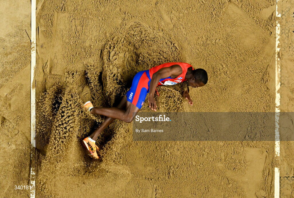 22 March 2026; Jorge A Hodelín of Cuba competes in the men's long jump final during day three of the World Athletics Indoor Championships at Kujawsko-Pomorska Arena in Torun, Poland. Photo by Sam Barnes/Sportsfile