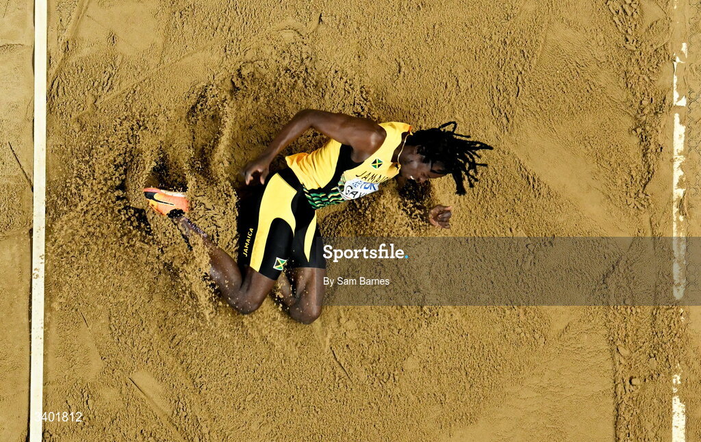 22 March 2026; Tajay Gayle of Jamaica competes in the men's long jump final during day three of the World Athletics Indoor Championships at Kujawsko-Pomorska Arena in Torun, Poland. Photo by Sam Barnes/Sportsfile