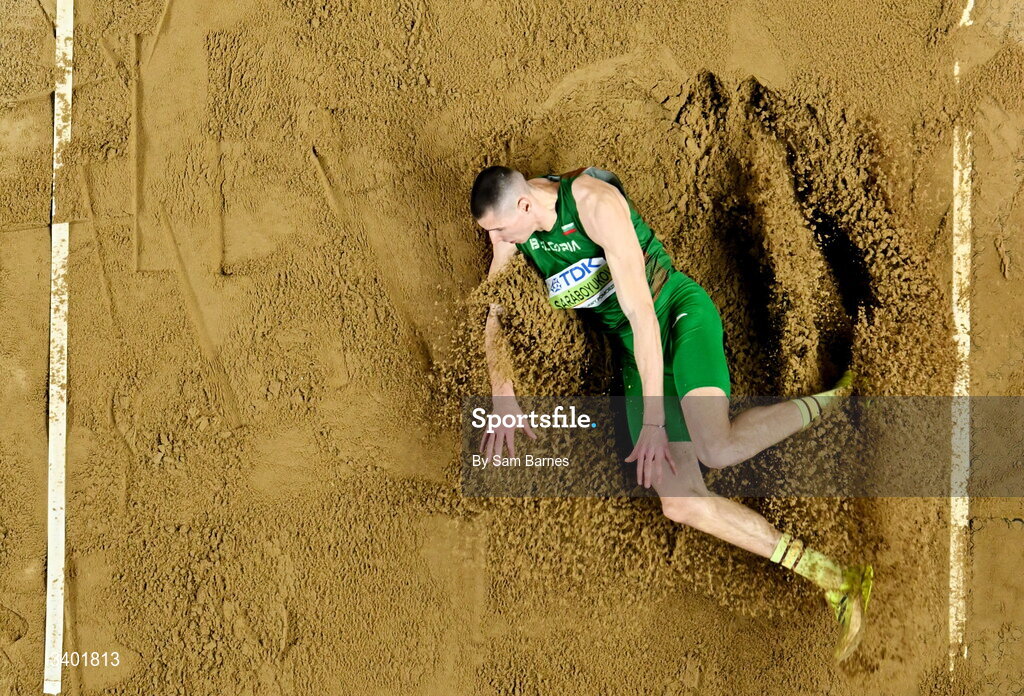 22 March 2026; Bozhidar Sarâboyukov of Bulgaria competes in the men's long jump final during day three of the World Athletics Indoor Championships at Kujawsko-Pomorska Arena in Torun, Poland. Photo by Sam Barnes/Sportsfile