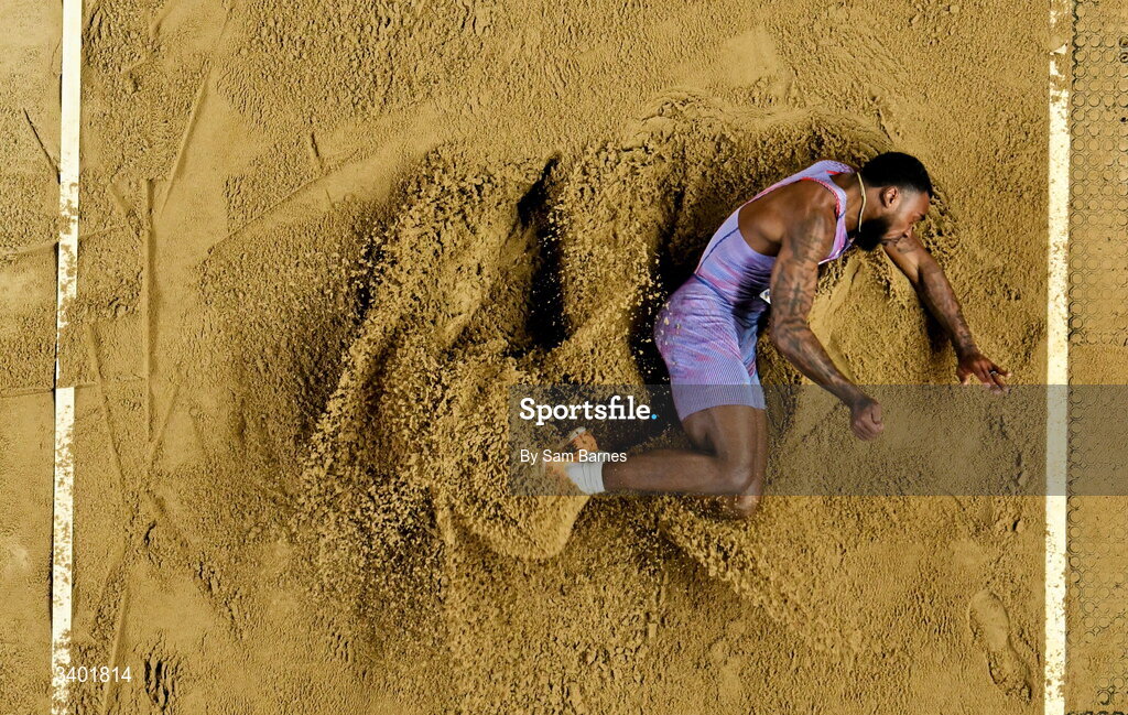 22 March 2026; Jeremiah Davis of United States competes in the men's long jump final during day three of the World Athletics Indoor Championships at Kujawsko-Pomorska Arena in Torun, Poland. Photo by Sam Barnes/Sportsfile