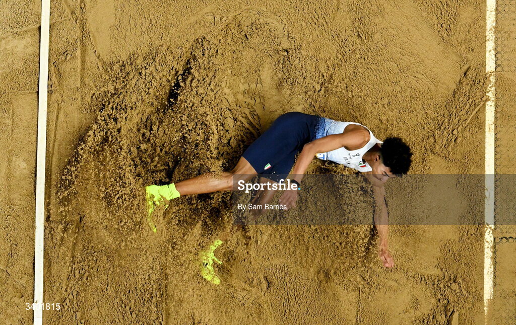 22 March 2026; Mattia Furlani of Italy competes in the men's long jump final during day three of the World Athletics Indoor Championships at Kujawsko-Pomorska Arena in Torun, Poland. Photo by Sam Barnes/Sportsfile