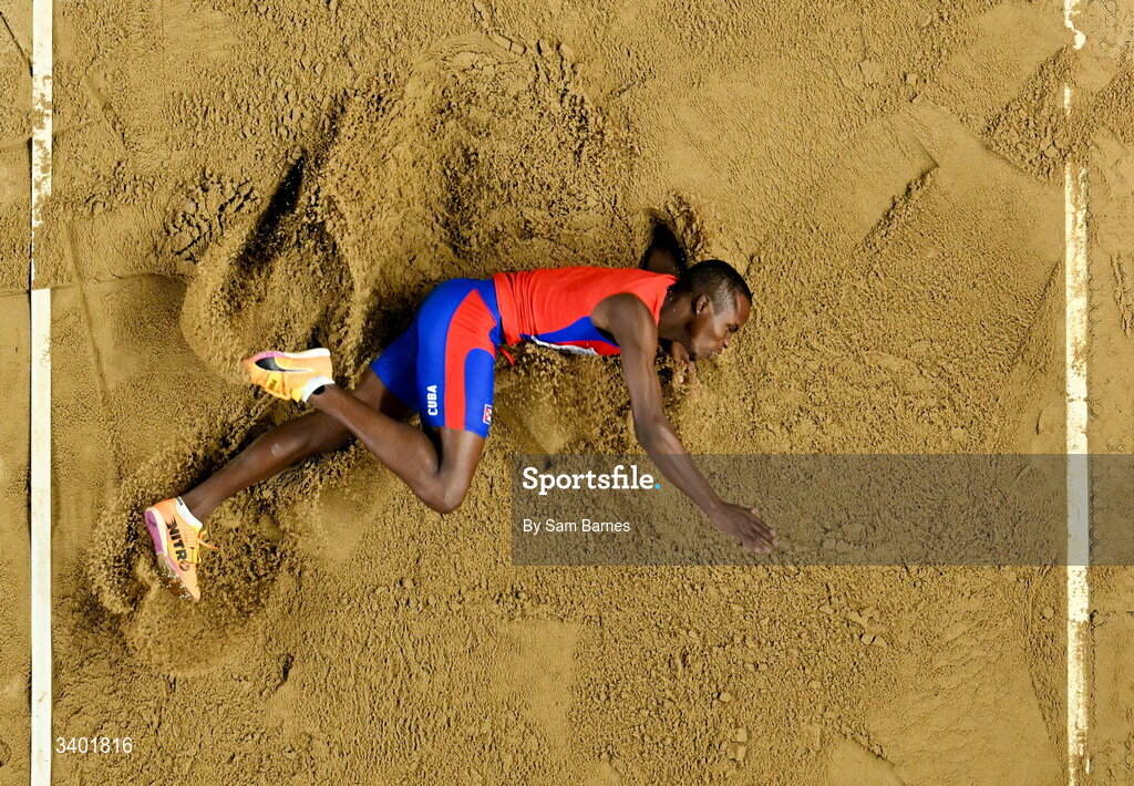 22 March 2026; Jorge A Hodelín of Cuba competes in the men's long jump final during day three of the World Athletics Indoor Championships at Kujawsko-Pomorska Arena in Torun, Poland. Photo by Sam Barnes/Sportsfile