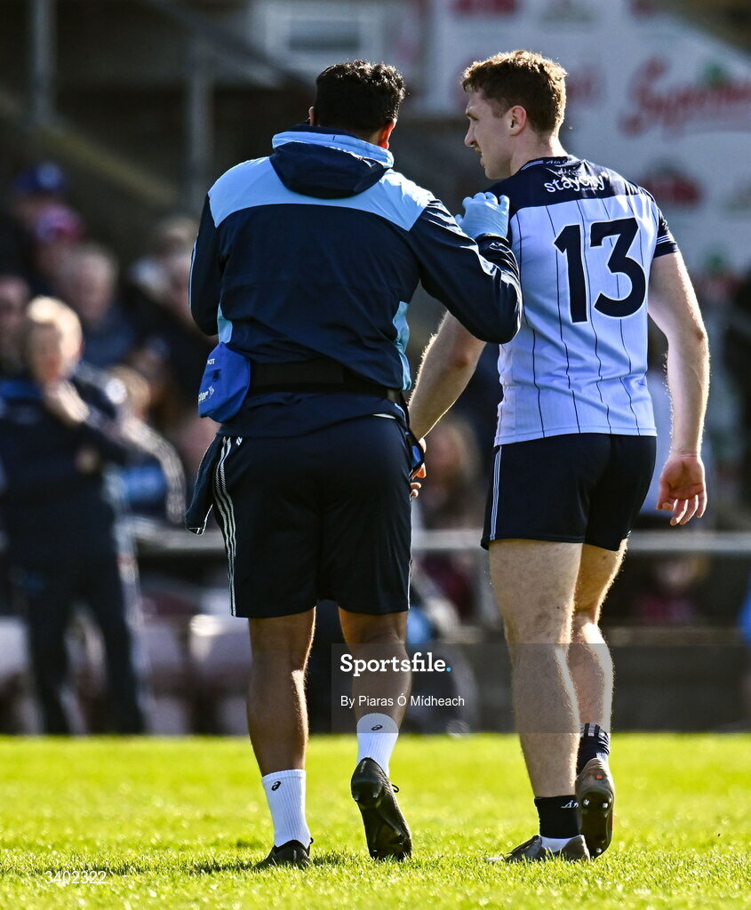 22 March 2026; Paddy Small of Dublin receives medical attention for an injury during the Allianz Football League Division 1 match between Galway and Dublin at Pearse Stadium in Galway. Photo by Piaras Ó Mídheach/Sportsfile