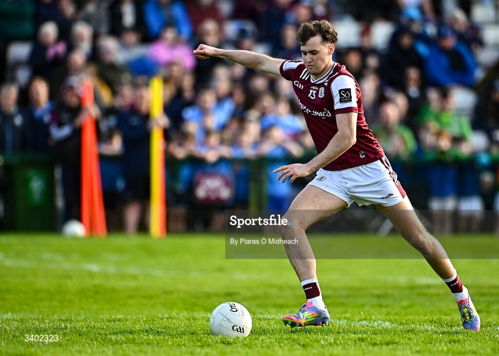 22 March 2026; Robert Finnerty of Galway takes a penalty that was saved by Dublin goalkeeper Hugh O'Sullivan during the Allianz Football League Division 1 match between Galway and Dublin at Pearse Stadium in Galway. Photo by Piaras Ó Mídheach/Sportsfile