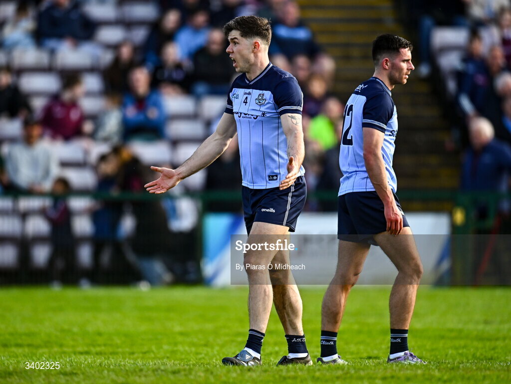 22 March 2026; David Byrne of Dublin, left, appeals to umpires after Galway were awarded a penalty during the Allianz Football League Division 1 match between Galway and Dublin at Pearse Stadium in Galway. Photo by Piaras Ó Mídheach/Sportsfile