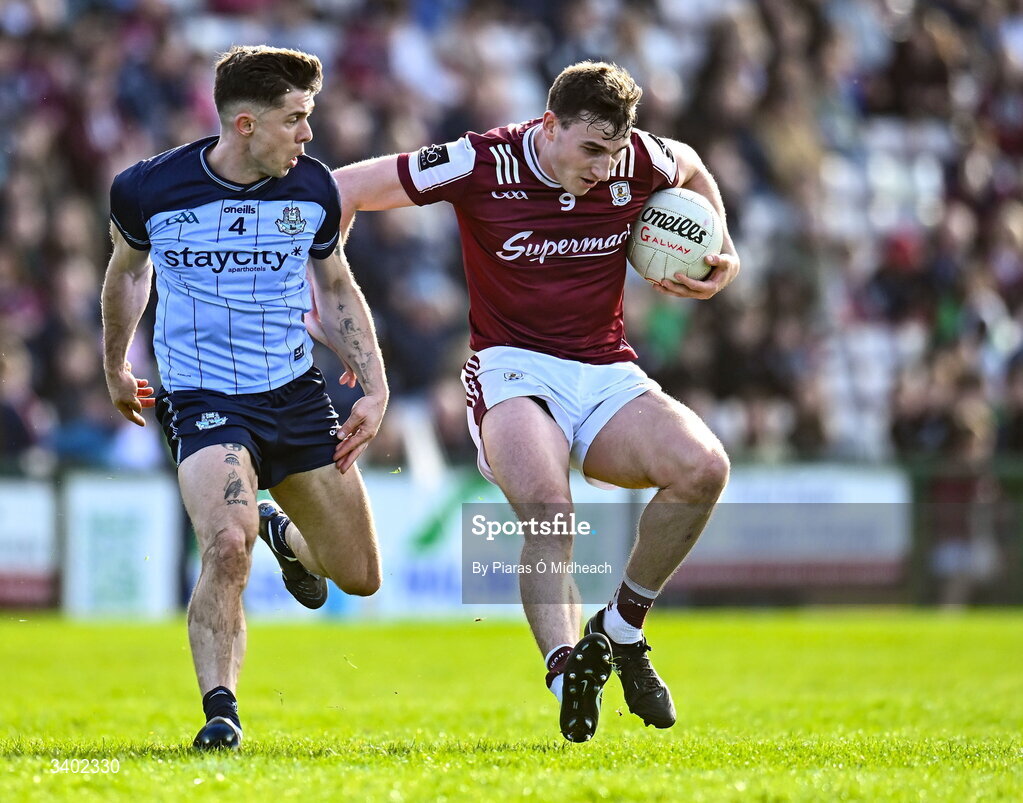 22 March 2026; Matthew Tierney of Galway in action against David Byrne of Dublin during the Allianz Football League Division 1 match between Galway and Dublin at Pearse Stadium in Galway. Photo by Piaras Ó Mídheach/Sportsfile