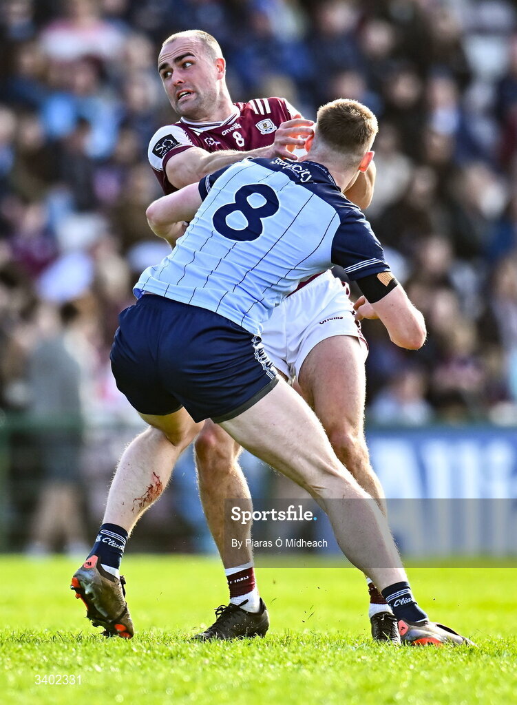 22 March 2026; John Maher of Galway in action against Peadar Ó Cofaigh Byrne of Dublin during the Allianz Football League Division 1 match between Galway and Dublin at Pearse Stadium in Galway. Photo by Piaras Ó Mídheach/Sportsfile