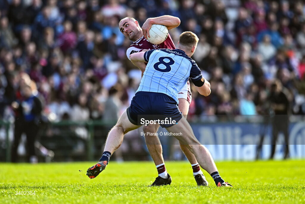 22 March 2026; John Maher of Galway in action against Peadar Ó Cofaigh Byrne of Dublin during the Allianz Football League Division 1 match between Galway and Dublin at Pearse Stadium in Galway. Photo by Piaras Ó Mídheach/Sportsfile