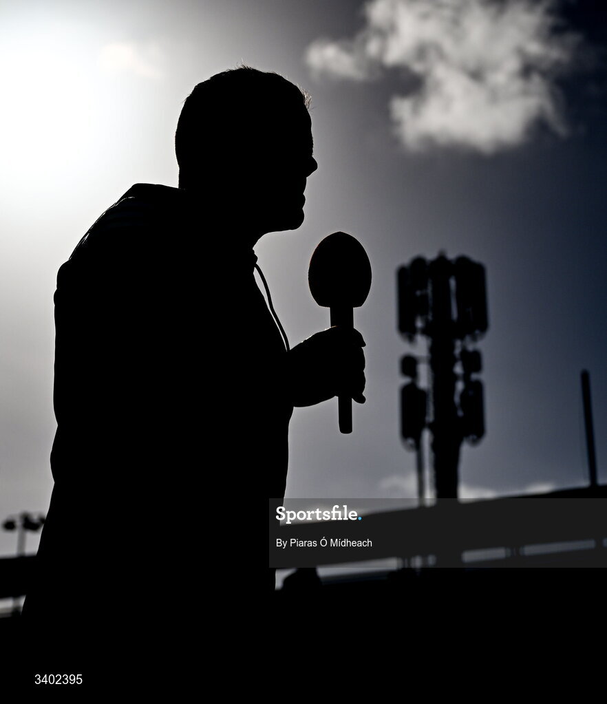 22 March 2026; Dublin manager Ger Brennan is interviewed by TG4 before the Allianz Football League Division 1 match between Galway and Dublin at Pearse Stadium in Galway. Photo by Piaras Ó Mídheach/Sportsfile