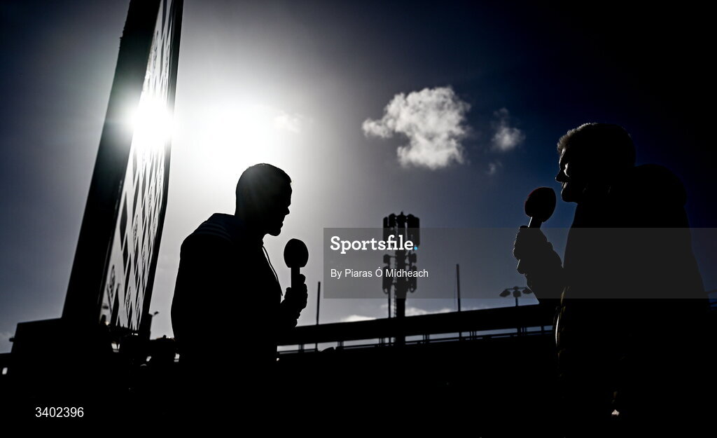 22 March 2026; Dublin manager Ger Brennan, left, is interviewed by Brian Tyres for TG4 before the Allianz Football League Division 1 match between Galway and Dublin at Pearse Stadium in Galway. Photo by Piaras Ó Mídheach/Sportsfile
