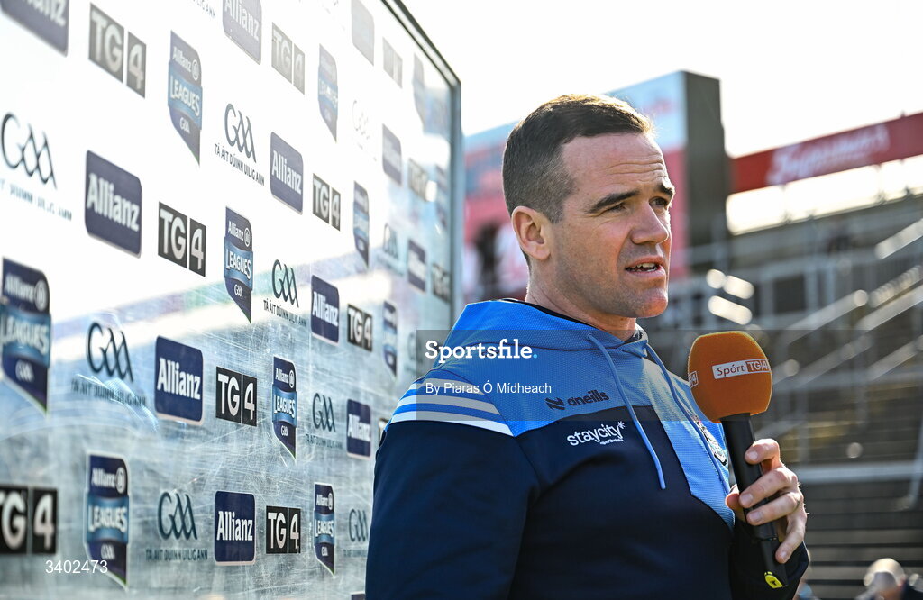 22 March 2026; Dublin manager Ger Brennan is interviewed by TG4 before the Allianz Football League Division 1 match between Galway and Dublin at Pearse Stadium in Galway. Photo by Piaras Ó Mídheach/Sportsfile