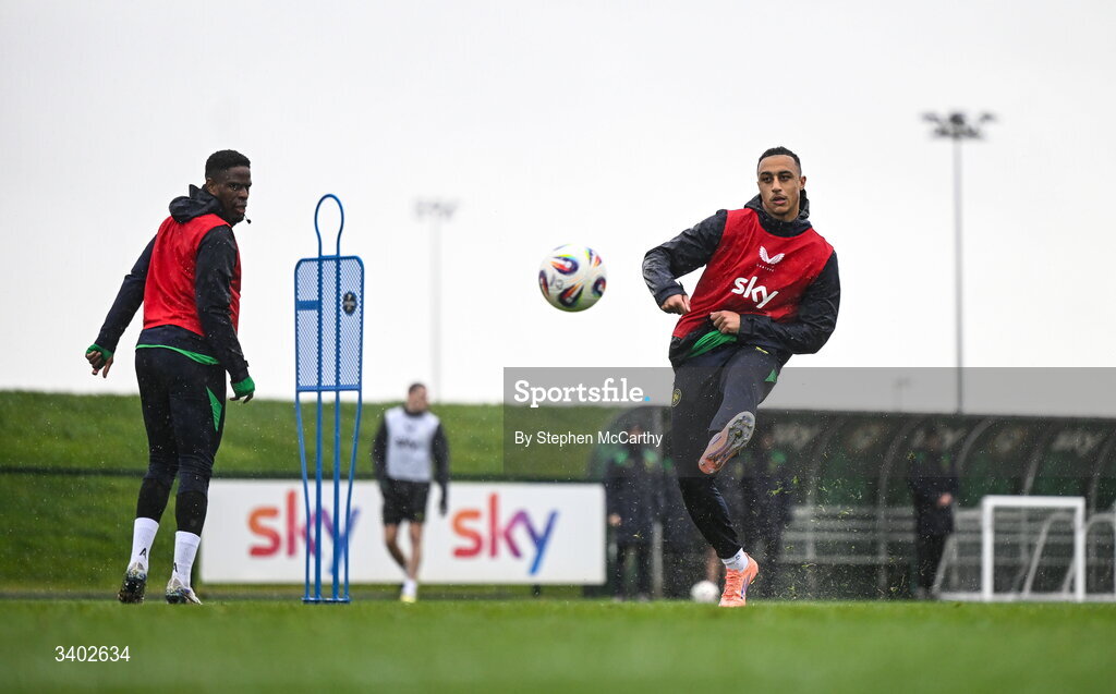 24 March 2026; Adam Idah during a Republic of Ireland men's training session at the FAI National Training Centre in Abbotstown, Dublin. Photo by Stephen McCarthy/Sportsfile