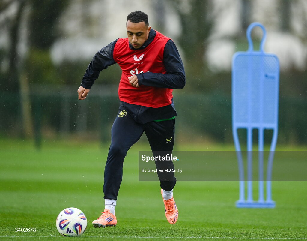 24 March 2026; Adam Idah during a Republic of Ireland men's training session at the FAI National Training Centre in Abbotstown, Dublin. Photo by Stephen McCarthy/Sportsfile