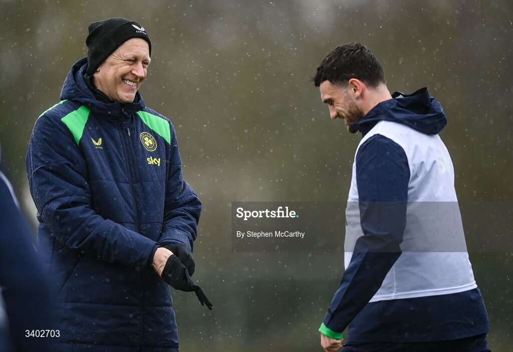 24 March 2026; Head coach Heimir Hallgrimsson and Troy Parrott during a Republic of Ireland men's training session at the FAI National Training Centre in Abbotstown, Dublin. Photo by Stephen McCarthy/Sportsfile