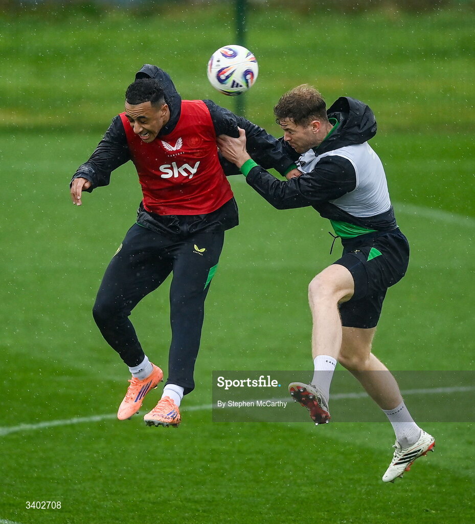 24 March 2026; Adam Idah and Nathan Collins, right, during a Republic of Ireland men's training session at the FAI National Training Centre in Abbotstown, Dublin. Photo by Stephen McCarthy/Sportsfile