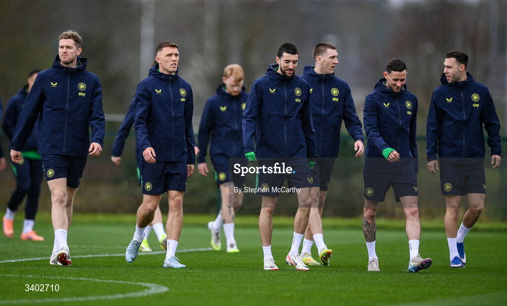 24 March 2026; Players, from left, Nathan Collins, Dara O'Shea, Finn Azaz, Jimmy Dunne, Alan Browne and Harvey Vale arrive for a Republic of Ireland men's training session at the FAI National Training Centre in Abbotstown, Dublin. Photo by Stephen McCarthy/Sportsfile