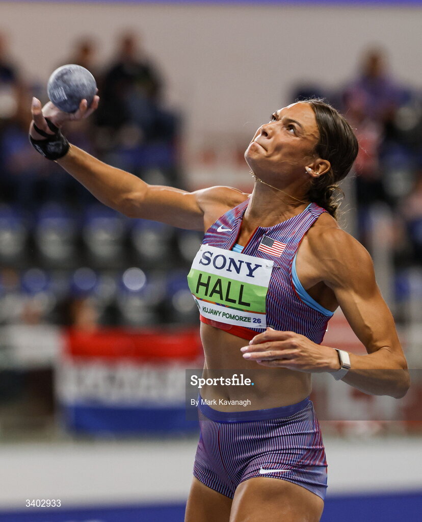 22 March 2026; Anna Hall of United States competes in the shot put of the pentathlon during day three of the World Athletics Indoor Championships at Kujawsko-Pomorska Arena in Torun, Poland. Photo by Mark Kavanagh/Sportsfile
