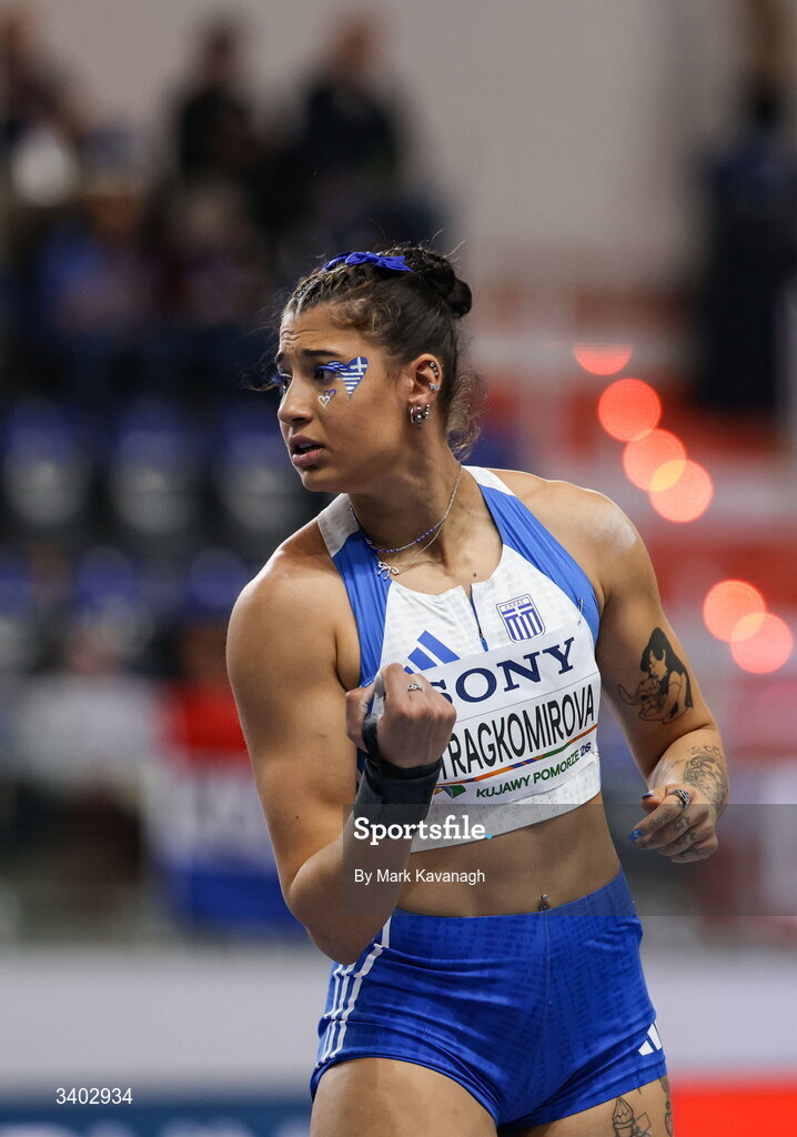 22 March 2026; Anastasia Ntragkomirova of Greece reacts whilst competing in the shot put of the pentathlon during day three of the World Athletics Indoor Championships at Kujawsko-Pomorska Arena in Torun, Poland. Photo by Mark Kavanagh/Sportsfile