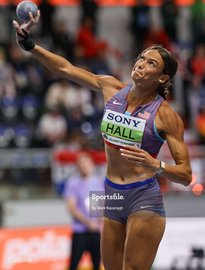 22 March 2026; Anna Hall of United States competes in the shot put of the pentathlon during day three of the World Athletics Indoor Championships at Kujawsko-Pomorska Arena in Torun, Poland. Photo by Mark Kavanagh/Sportsfile