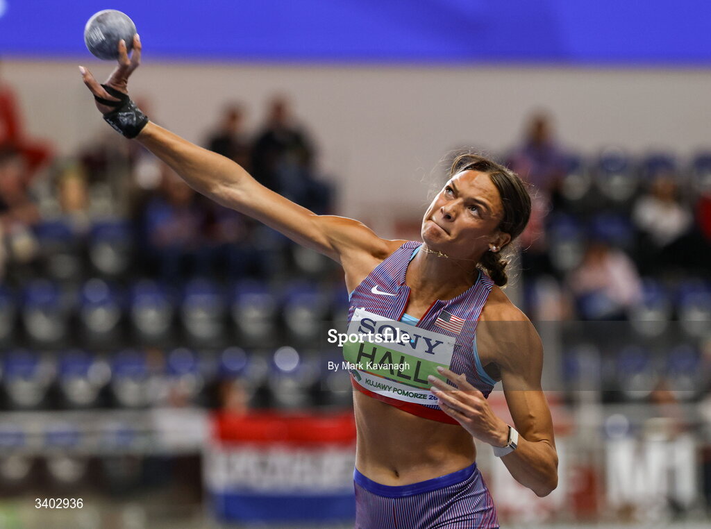 22 March 2026; Anna Hall of United States competes in the shot put of the pentathlon during day three of the World Athletics Indoor Championships at Kujawsko-Pomorska Arena in Torun, Poland. Photo by Mark Kavanagh/Sportsfile